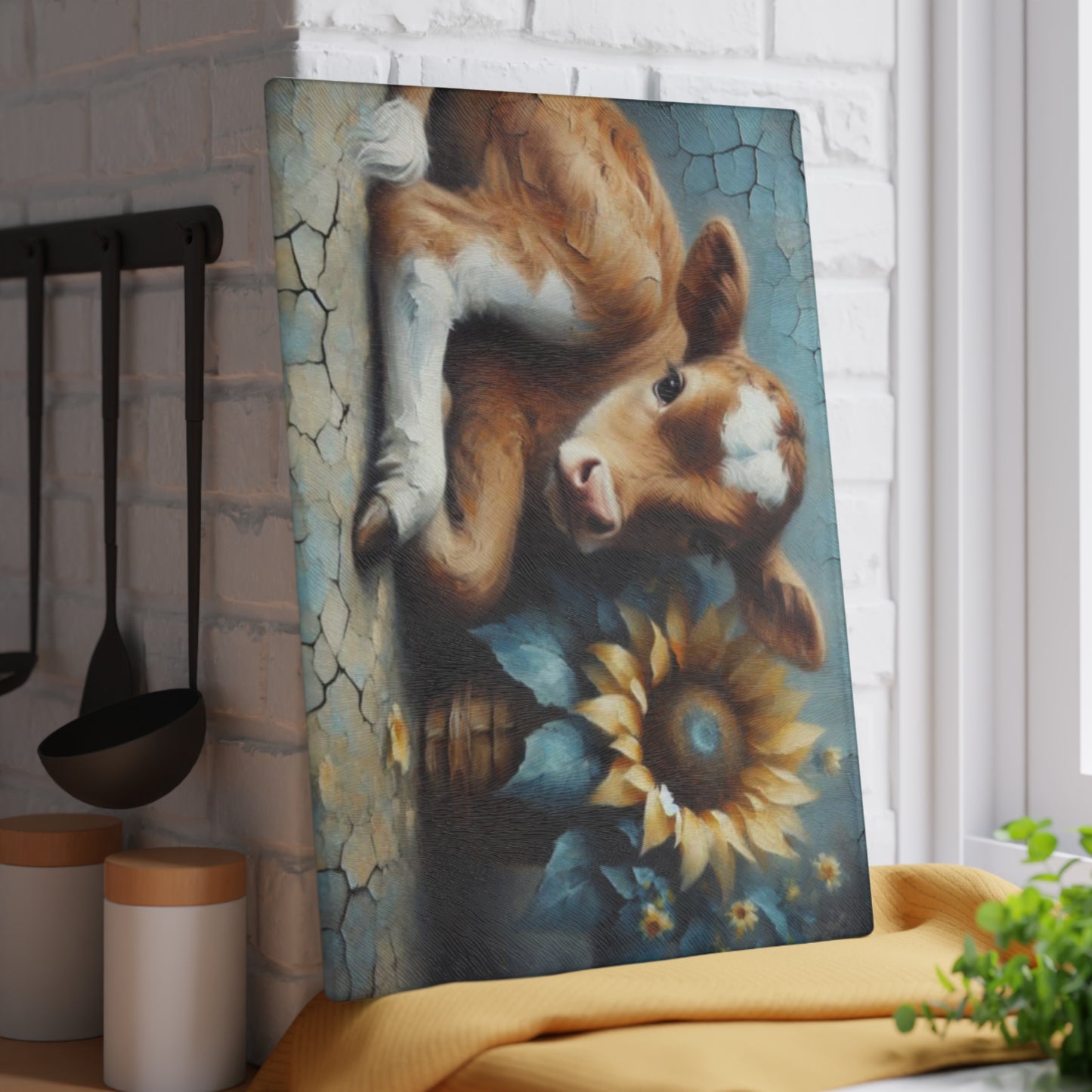 🌻 Sunflower Calf Glass Cutting Board – Rustic Farmhouse Charm for Your Kitchen