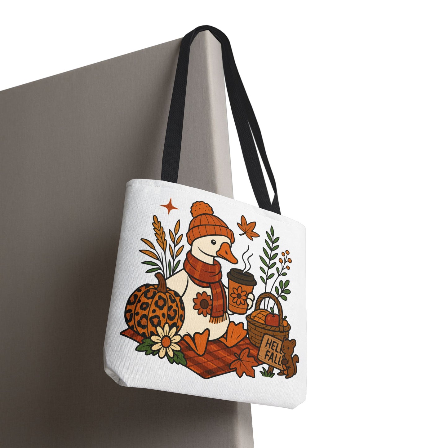 🧣 Hello Fall Cozy Duck Tote Bag – A Quirky Autumn Hug in a Bag 🍂🦆