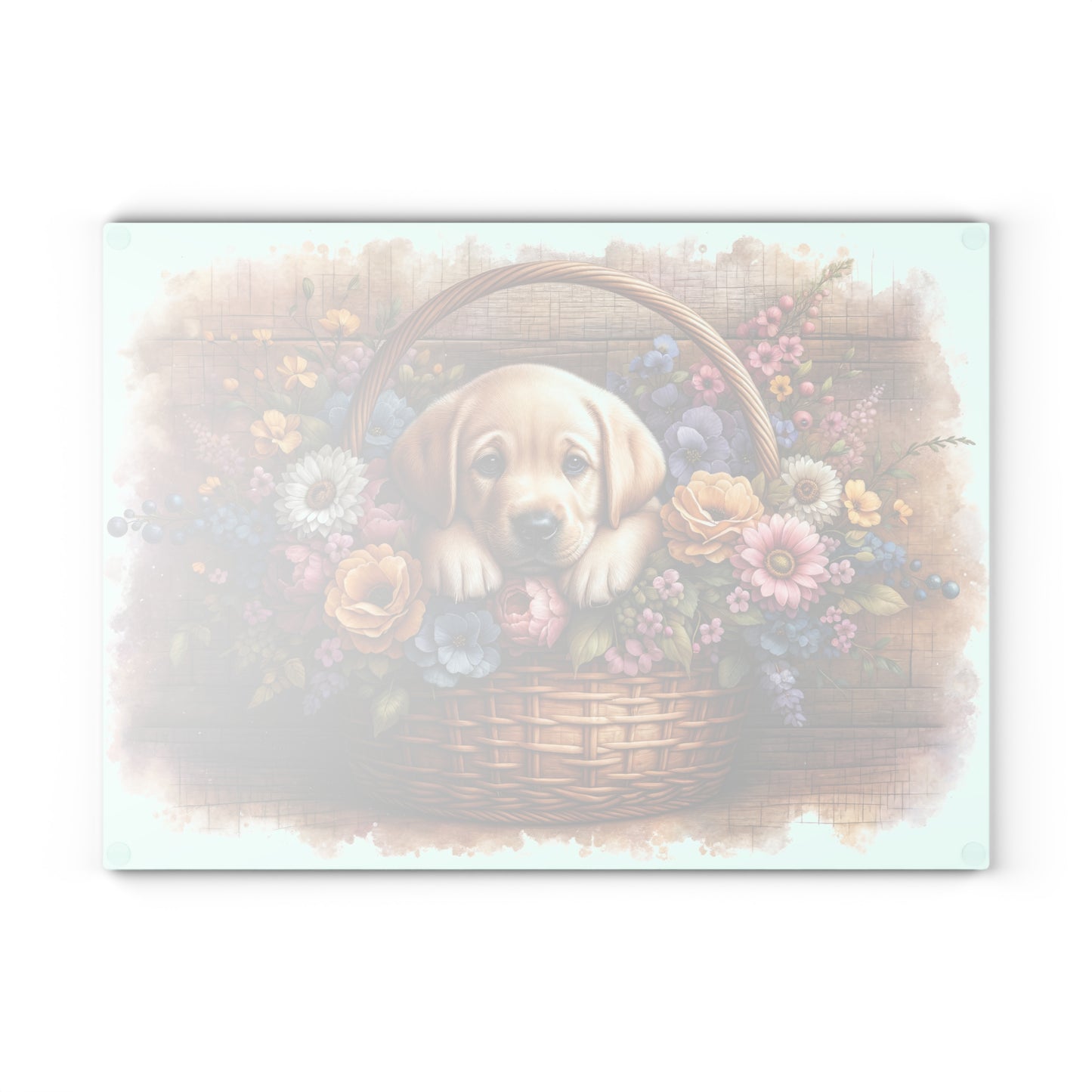 🐾🌼 Yellow Labrador Puppy in Basket Cutting Board – Rustic Charm with Floral Elegance 🌸