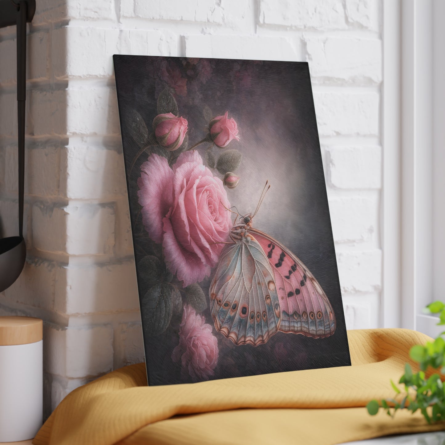 Blush Butterfly & Rose Glass Cutting Board – Elegant Floral Butterfly Kitchen Art