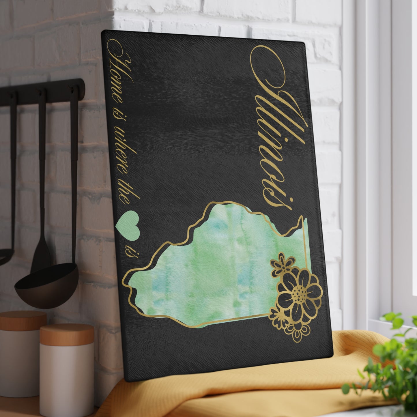 💚 Illinois State Cutting Board – Soft Watercolors & Midwest Heart