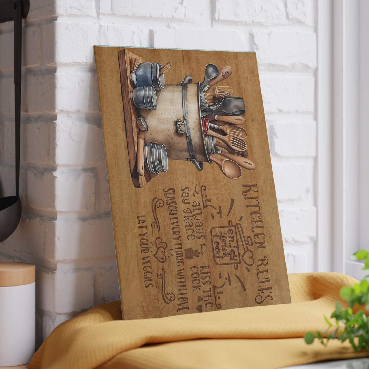 Rustic "Kitchen Rules" Glass Cutting Board – Farmhouse Kitchen Décor