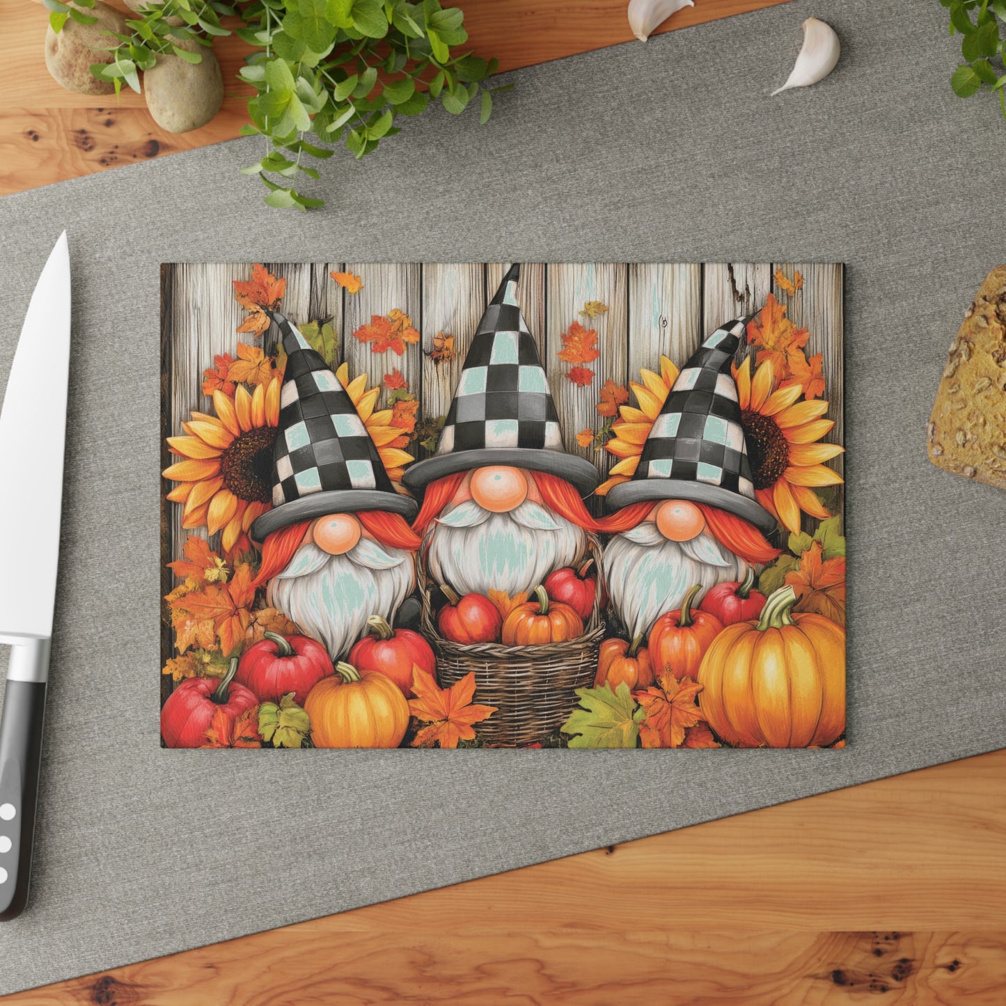 🎃 Autumn Gnome Trio Cutting Board – Harvest Cheer with a Whimsical Twist 🧙♂️🌻