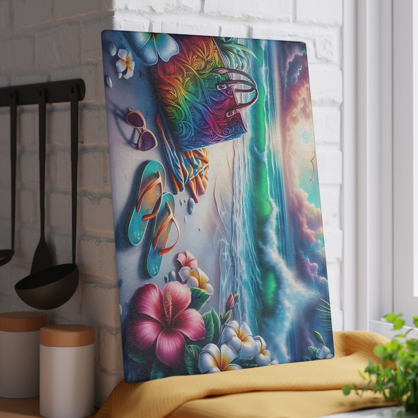Tabla de cortar de vidrio "Día de Playa Tropical" - Decoración de cocina con ambiente veraniego, decoración costera, arte oceánico, regalo playero, tabla de cortar de vidrio, decoración de cocina tropical, aspecto pintado a mano, escena playera