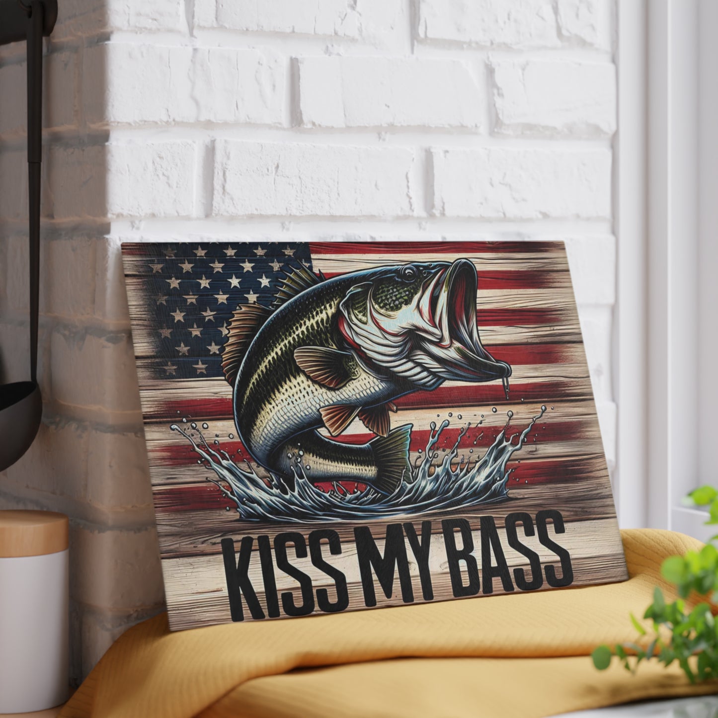 🎣Kiss My Bass Cutting Board – Patriotic Fishing Fun with Rustic American Flag 🪝🍺