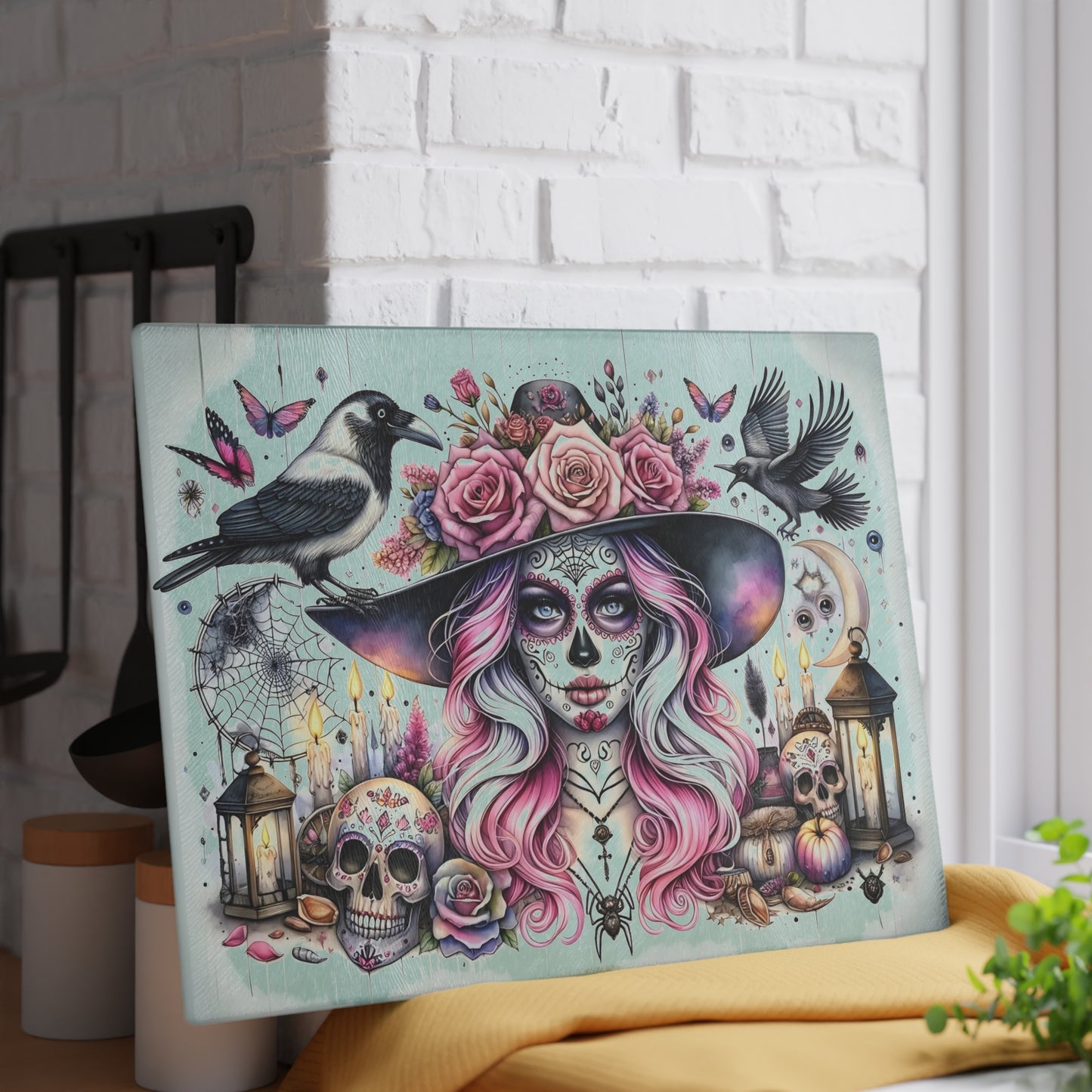 💀🌸 Enchanting Sugar Skull Witch Cutting Board – Mystical Elegance for Your Kitchen 🌙🕯️