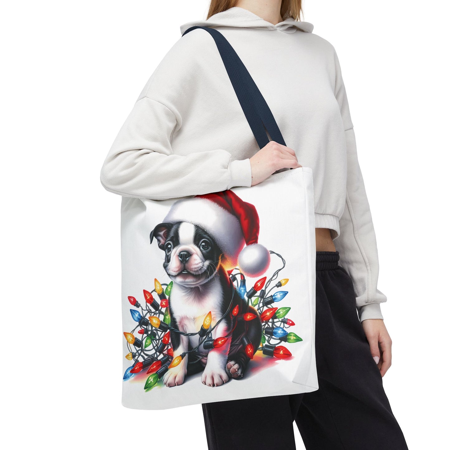 👜 Boston Terrier Christmas Lights Tote Bag – Holiday Sparkle Meets Puppy Love 🎄