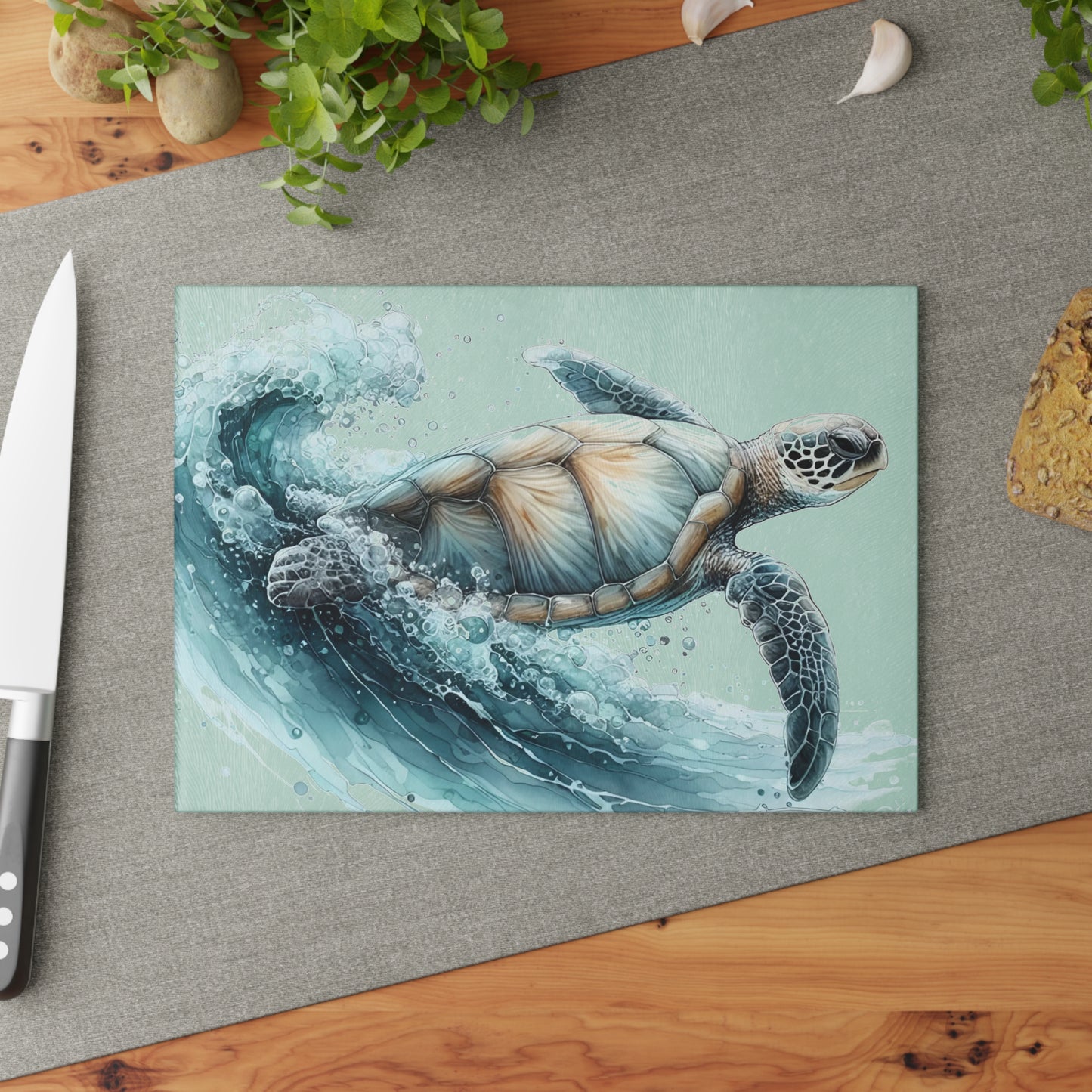 Tabla de cortar Ocean Rider con diseño de tortuga marina: elegancia costera y serena para tu cocina
