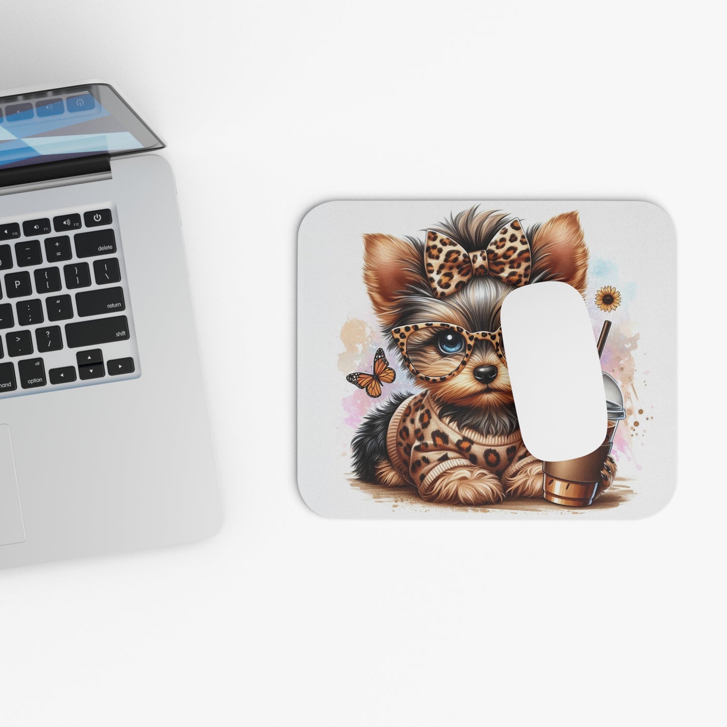 🖱️🐶🧋 Yorkie Mouse Pad – Leopard Bow, Glasses & Iced Coffee Cutie