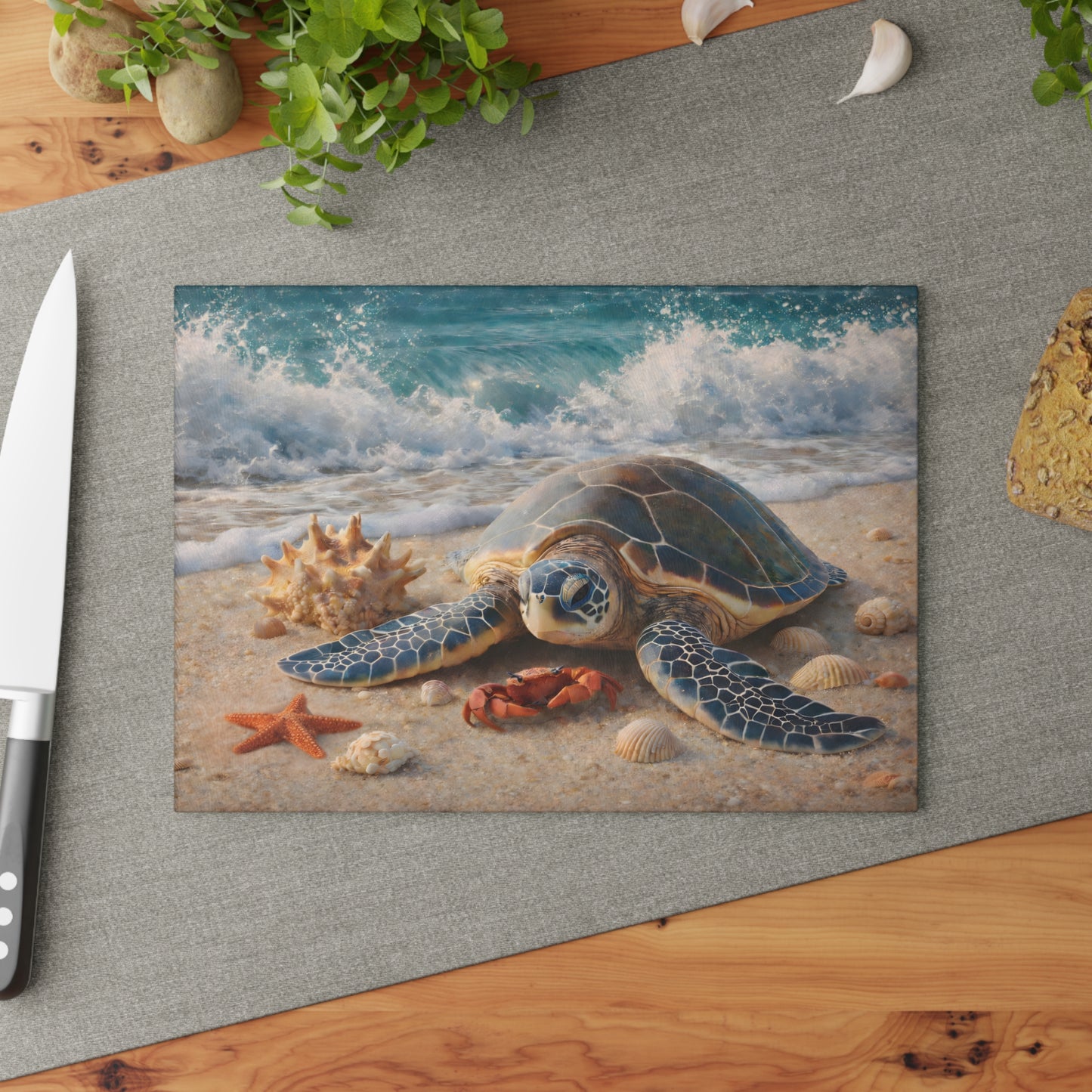 Sea Turtle Shoreline Glass Cutting Board – Coastal Beach Scene with Gentle Ocean Waves