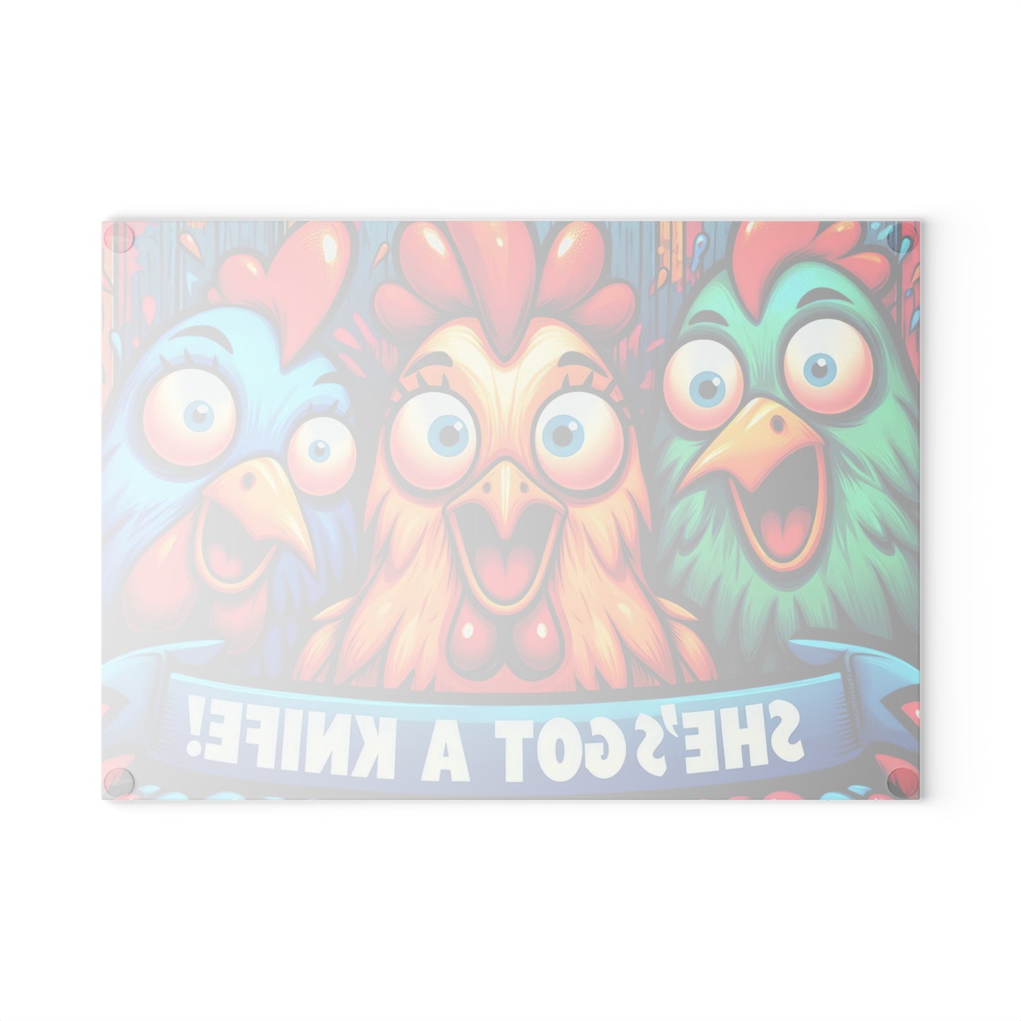 Tabla de cortar de vidrio "¡Tiene un cuchillo!" – Humor de cocina de dibujos animados de pollos 😂🍳