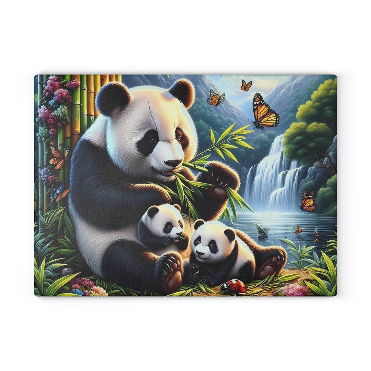 Tabla de cortar con cascada y familia de pandas: una escena natural y caprichosa para tu cocina
