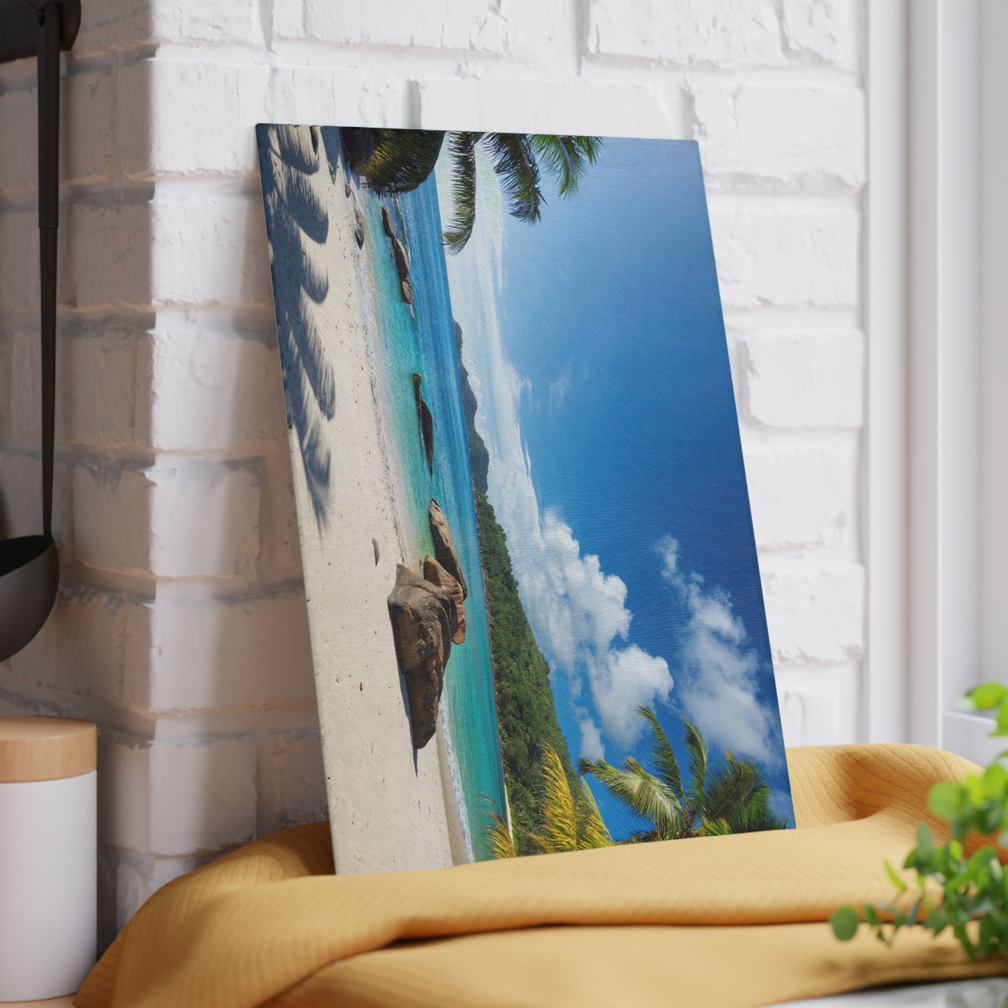 Tabla de cortar de vidrio con diseño de playa y palmeras – Decoración de cocina costera