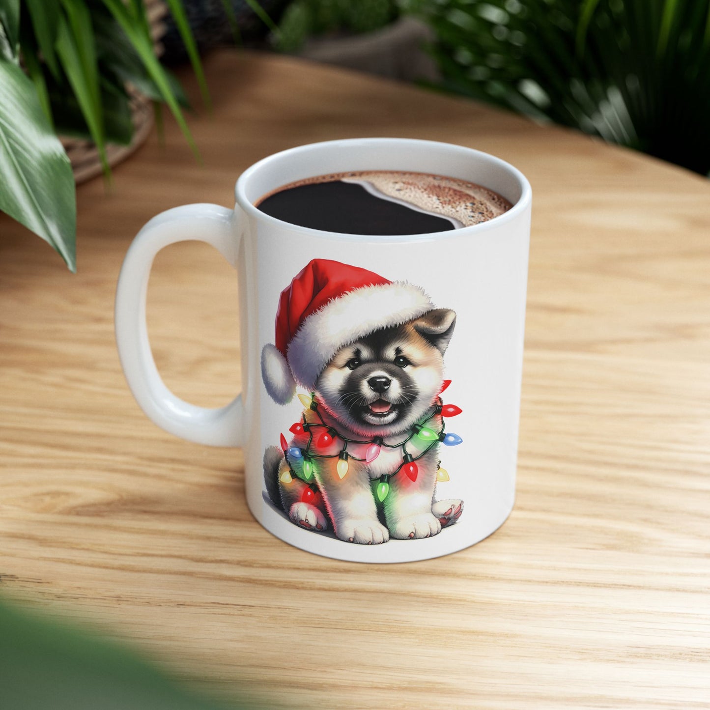 🎅 Akita Christmas Mug – Festive Puppy with Santa Hat & Holiday Lights 🎄