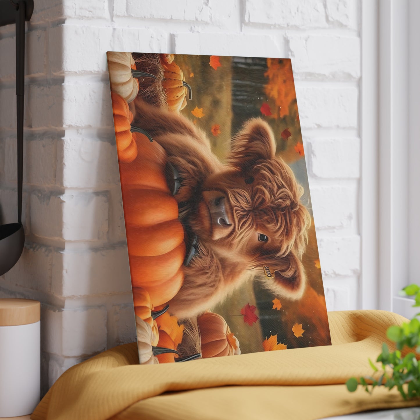 🍂🐮 Autumn Highland Calf Cutting Board – Rustic Fall Kitchen Décor with Pumpkins & Falling Leaves 🎃🍁