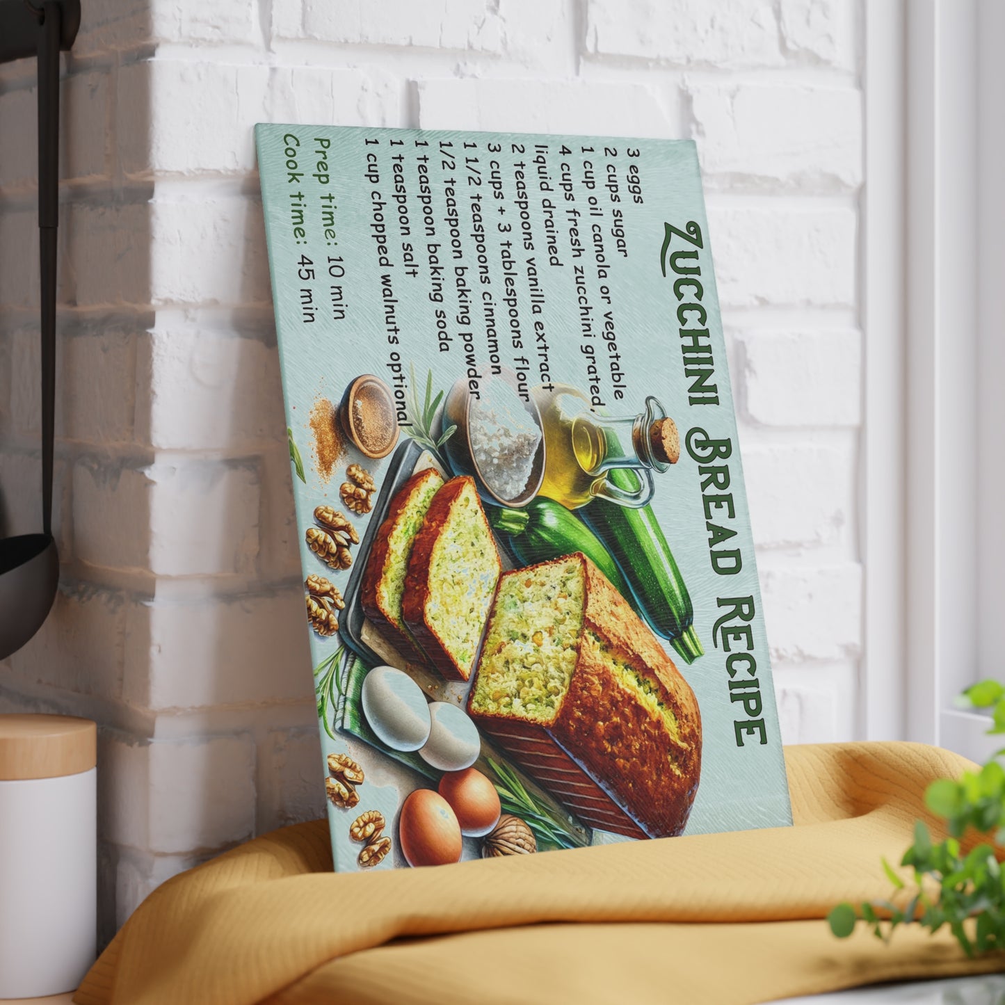 Tabla de cortar con receta de pan de calabacín: decoración de cocina encantadora con un toque delicioso