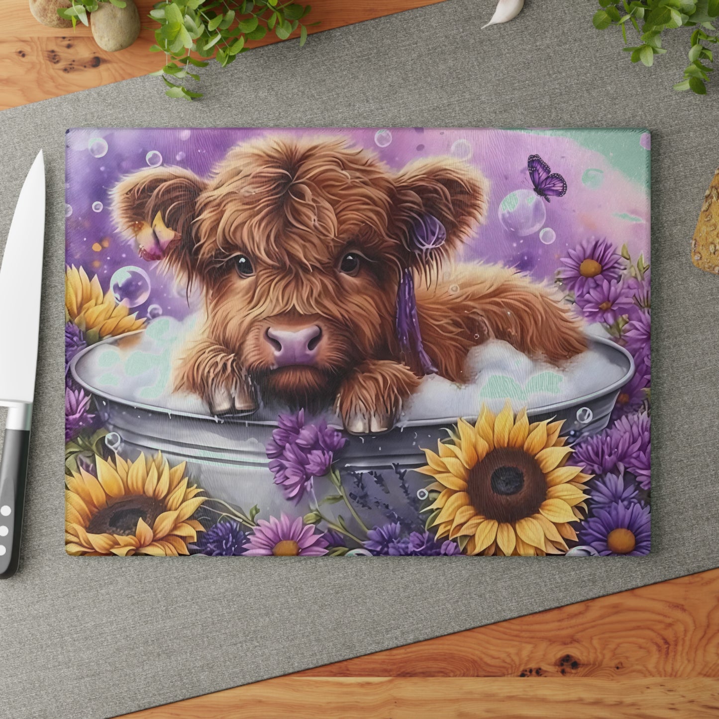 🐮💜 Lavender Highland Calf Cutting Board – Cozy Farmhouse Vibes with Country Bloom Charm