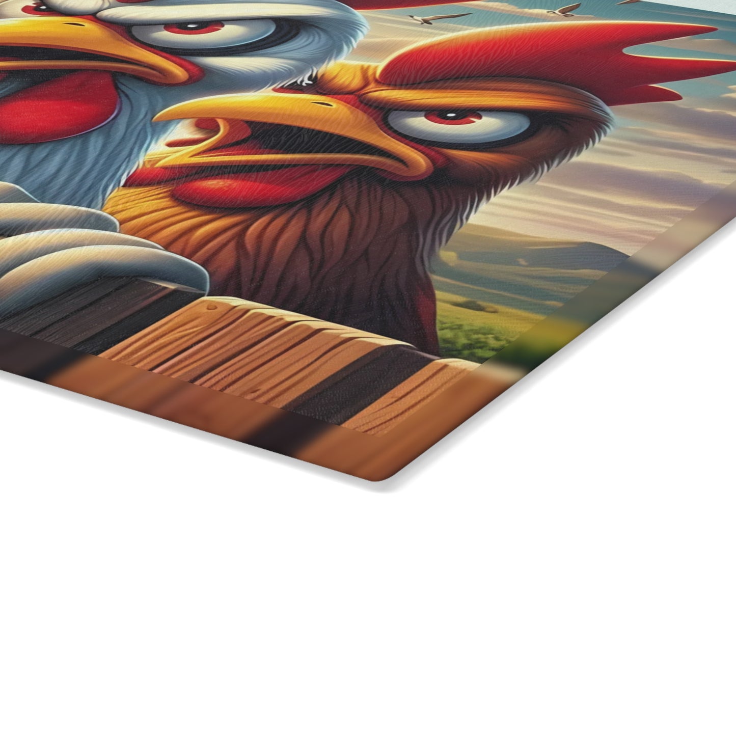 🐔 Three Angry Chickens Glass Cutting Board – Funny Farmhouse Kitchen Decor