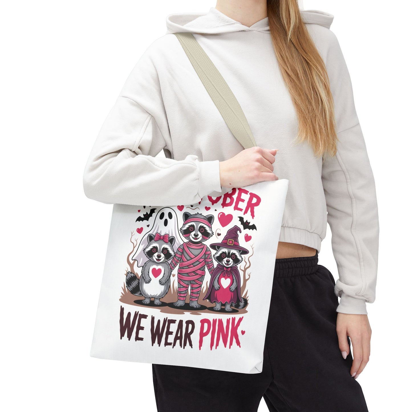 🎀 In October We Wear Pink Raccoon Halloween Tote Bag – Spooky Cute Awareness Style 🦝👜
