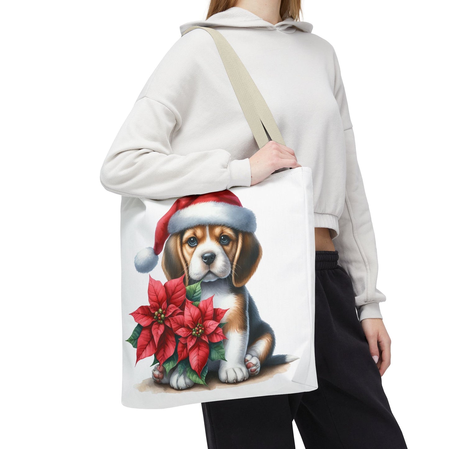 🐶 Beagle Puppy & Poinsettia Christmas Tote Bag – Sweet Holiday Charm in Every Step 🎄
