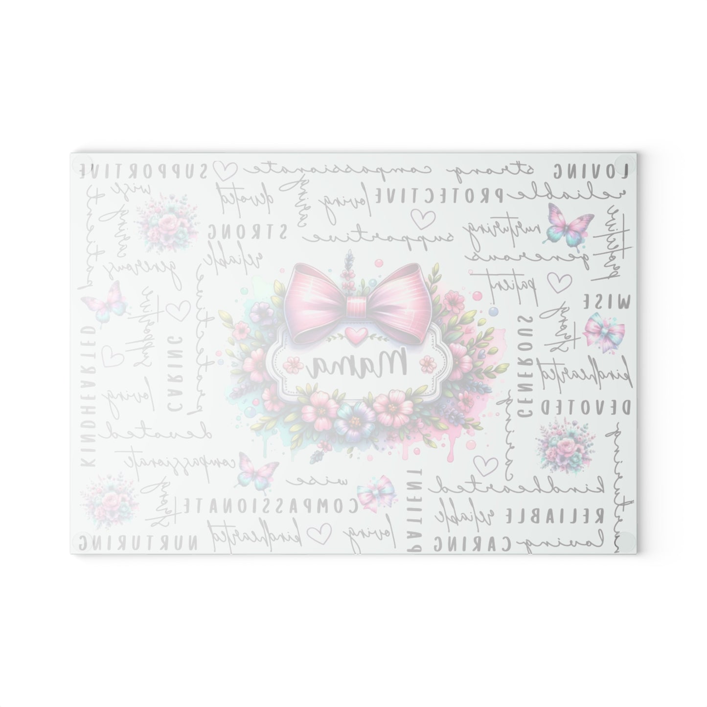 🌸 Mama Pink Bow & Floral Tempered Glass Cutting Board – Inspirational Word Art Kitchen Décor
