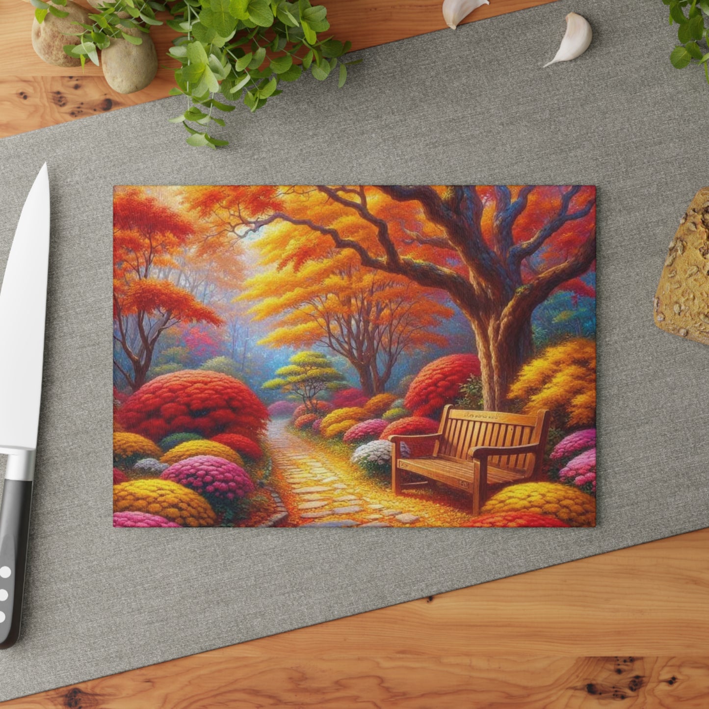 🍁 Autumn Park Bench Path – Cozy Fall Tempered Glass Cutting Board