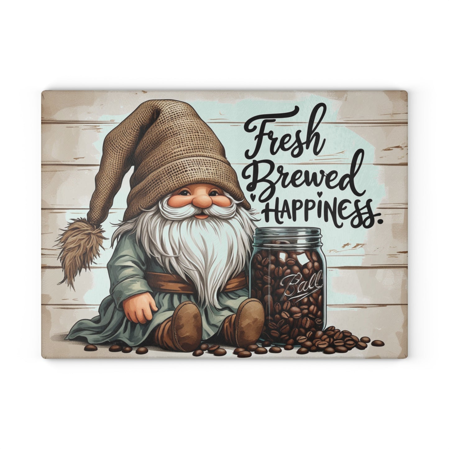 ☕🧙 Fresh Brewed Happiness Cutting Board – Rustic Coffee Gnome Kitchen Décor with Beans & Charm 🌿✨