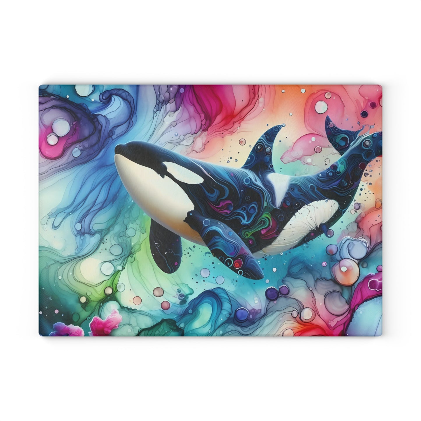 Tabla de cortar de vidrio con orca en acuarela: arte oceánico audaz para cocinas artísticas