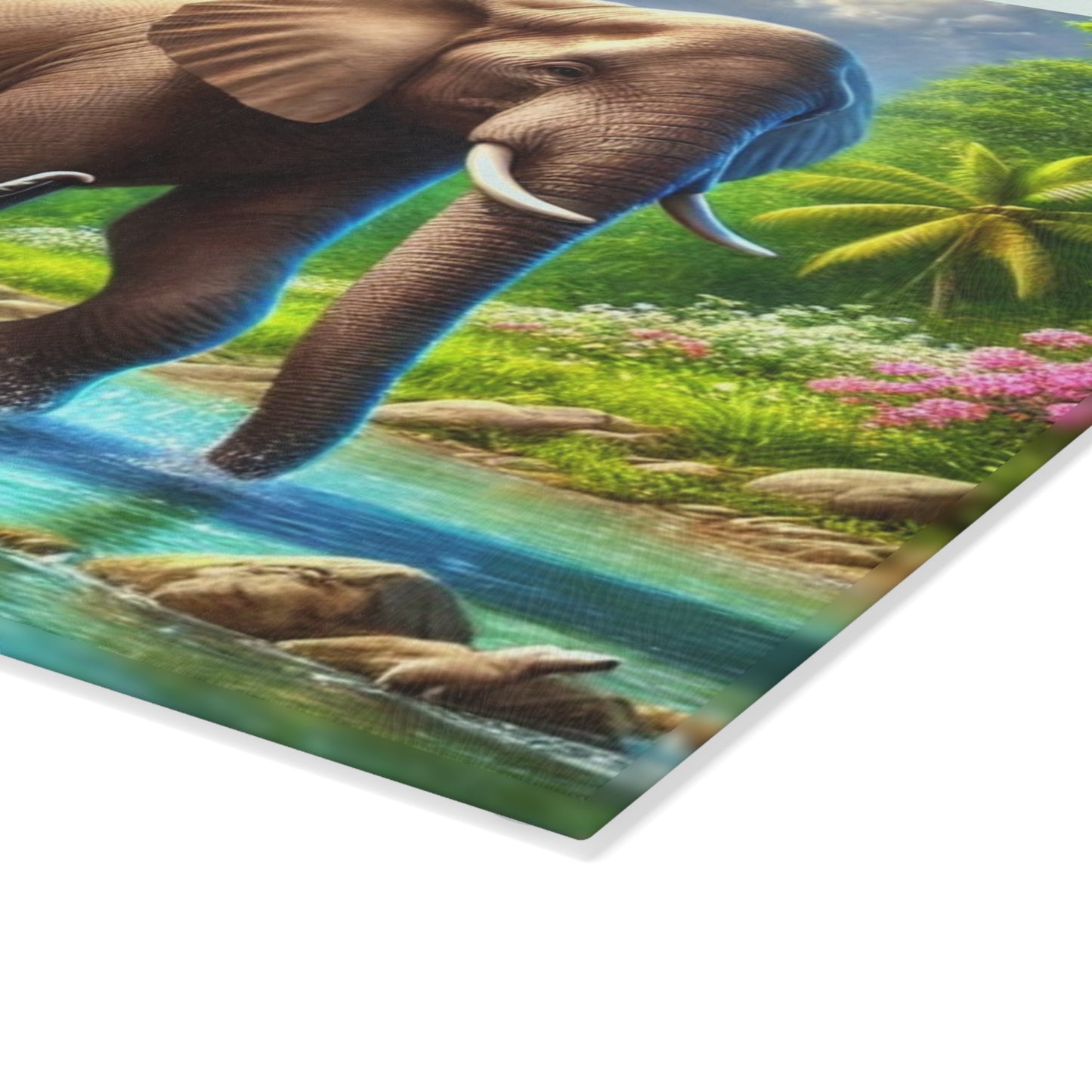 Mother elephant and her baby tempered glass cutting board - walking down a peaceful water creek