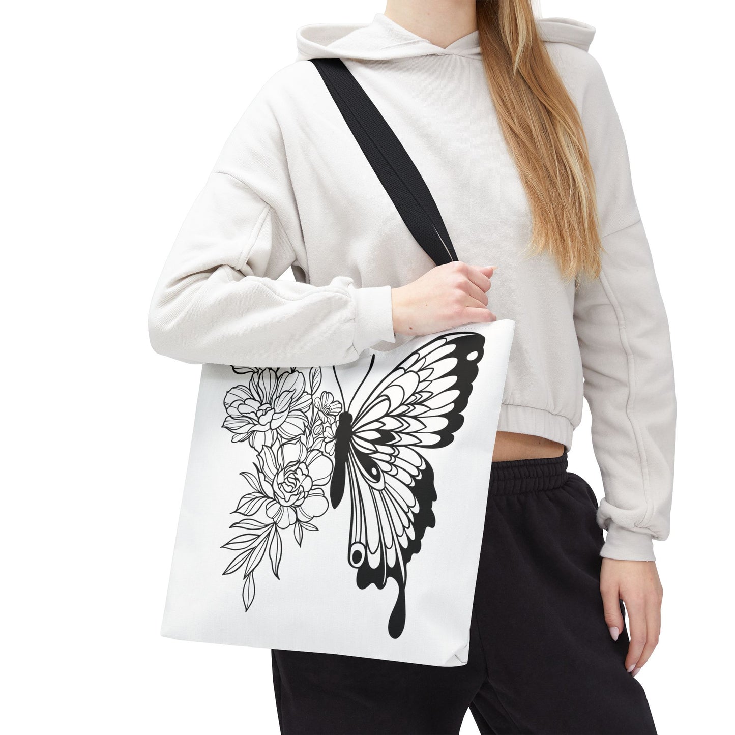 🦋 Black & White Butterfly Floral Tote Bag – Elegant Simplicity in Every Carry 🌸👜