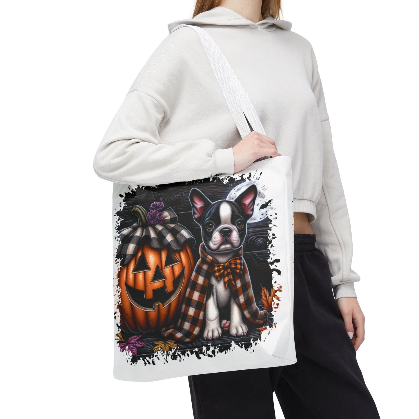 🎃 Boston Terrier Halloween Tote Bag – Spooky Cute with Plaid Style 🐾🖤👜