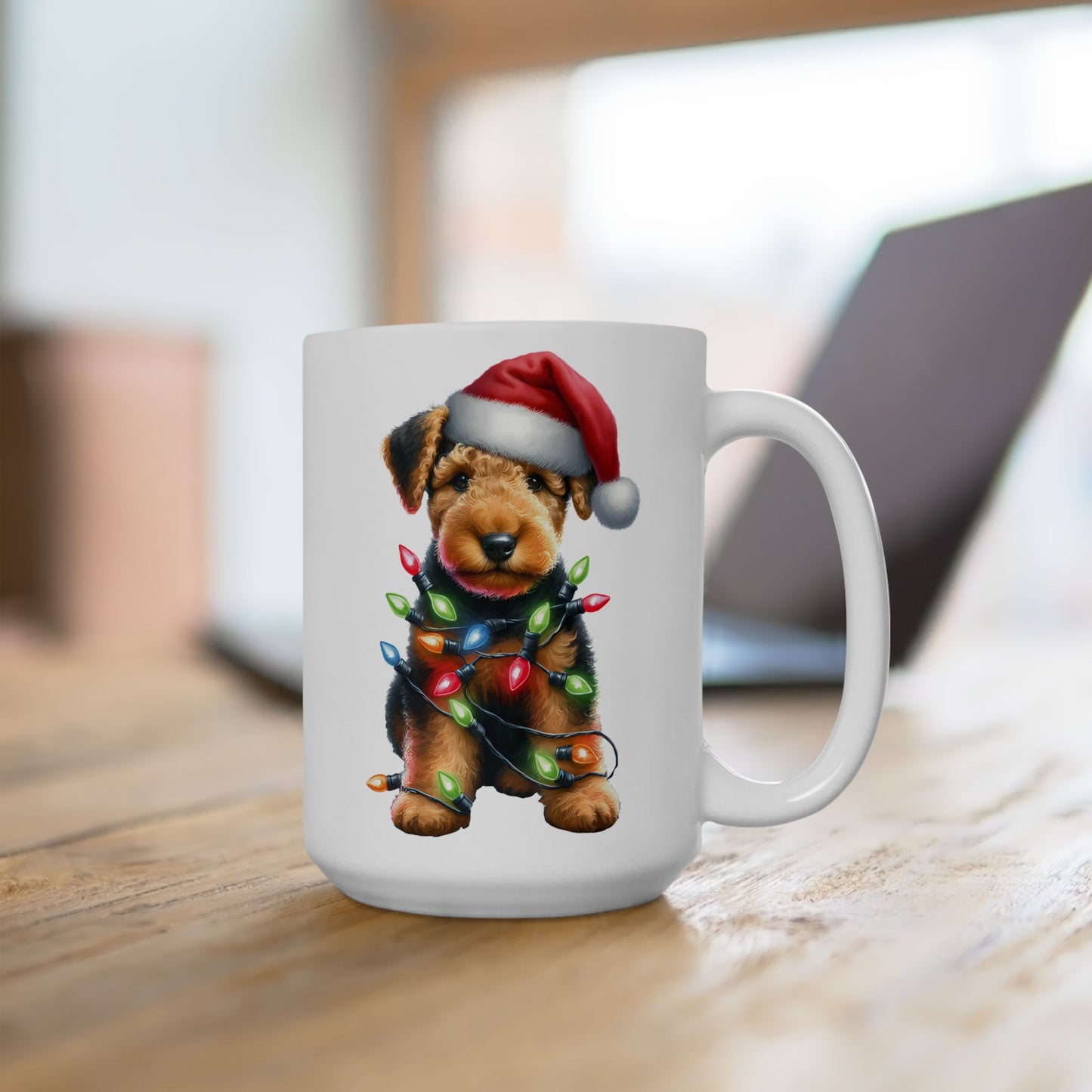 🎄 Airedale Terrier Christmas Mug – Jolly Pup with Santa Hat & Twinkling Lights 🎁