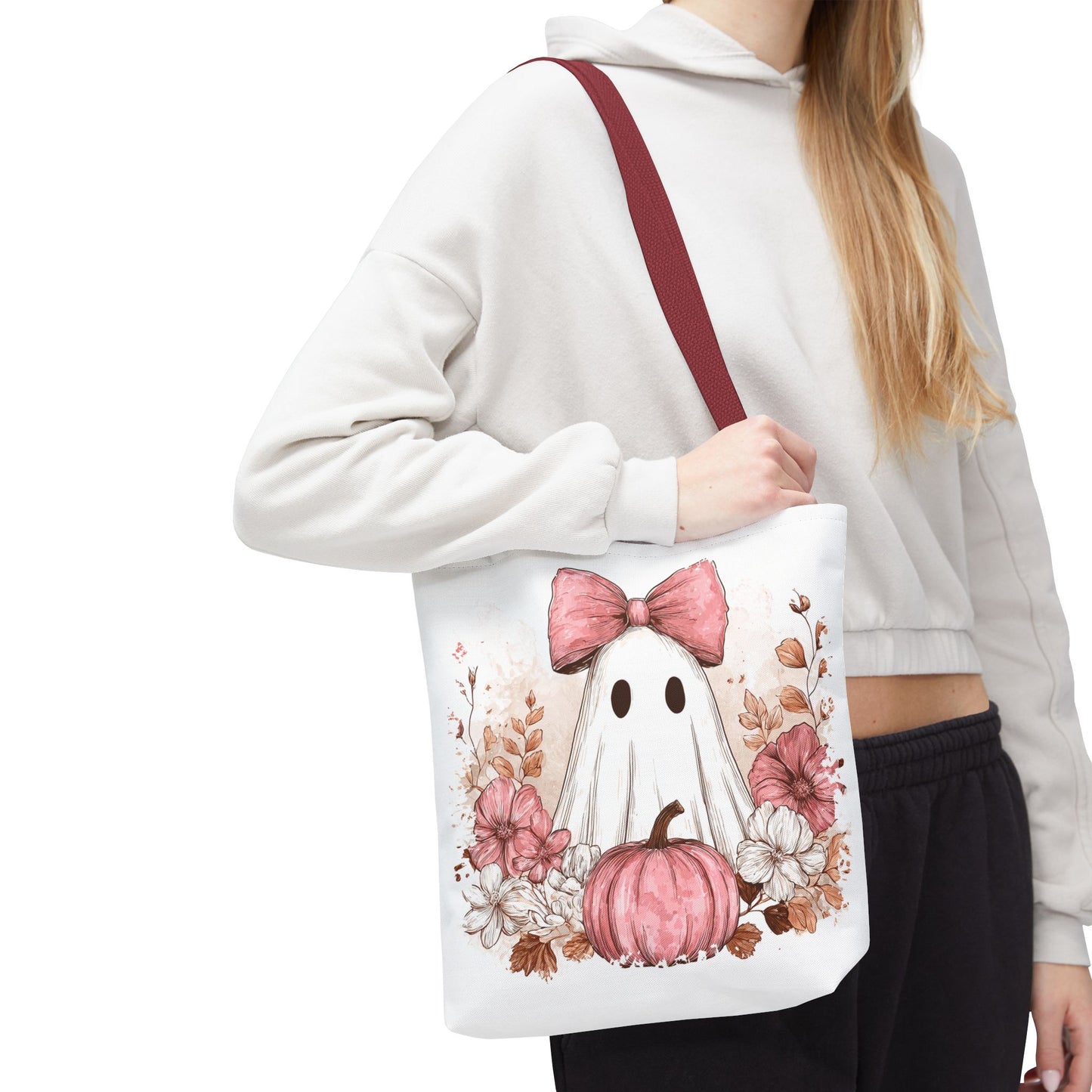 ๐ป Pink Bow Ghost Floral Halloween Tote Bag โ Spooky Cute with Fall Charm ๐๐