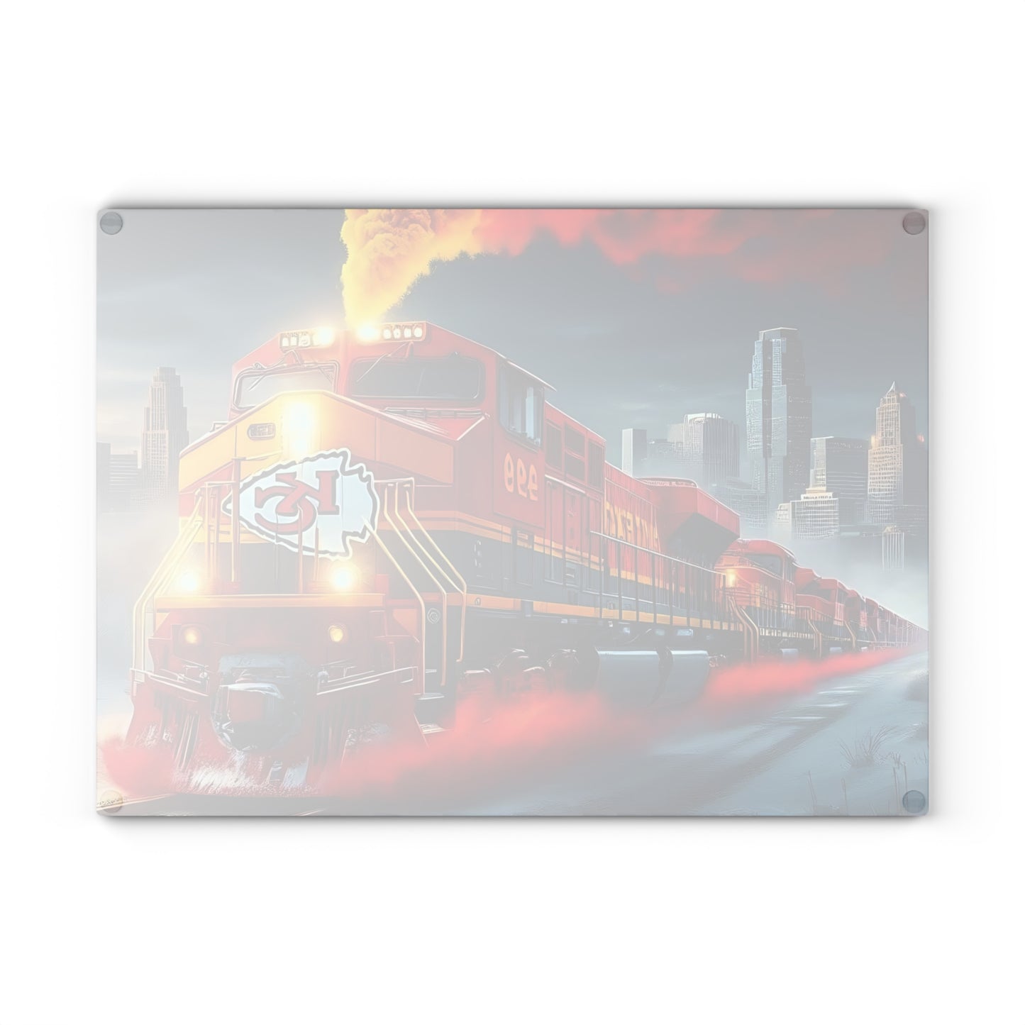 Tabla de cortar de vidrio Express roja y dorada: exhibición de cocina con un llamativo diseño de tren