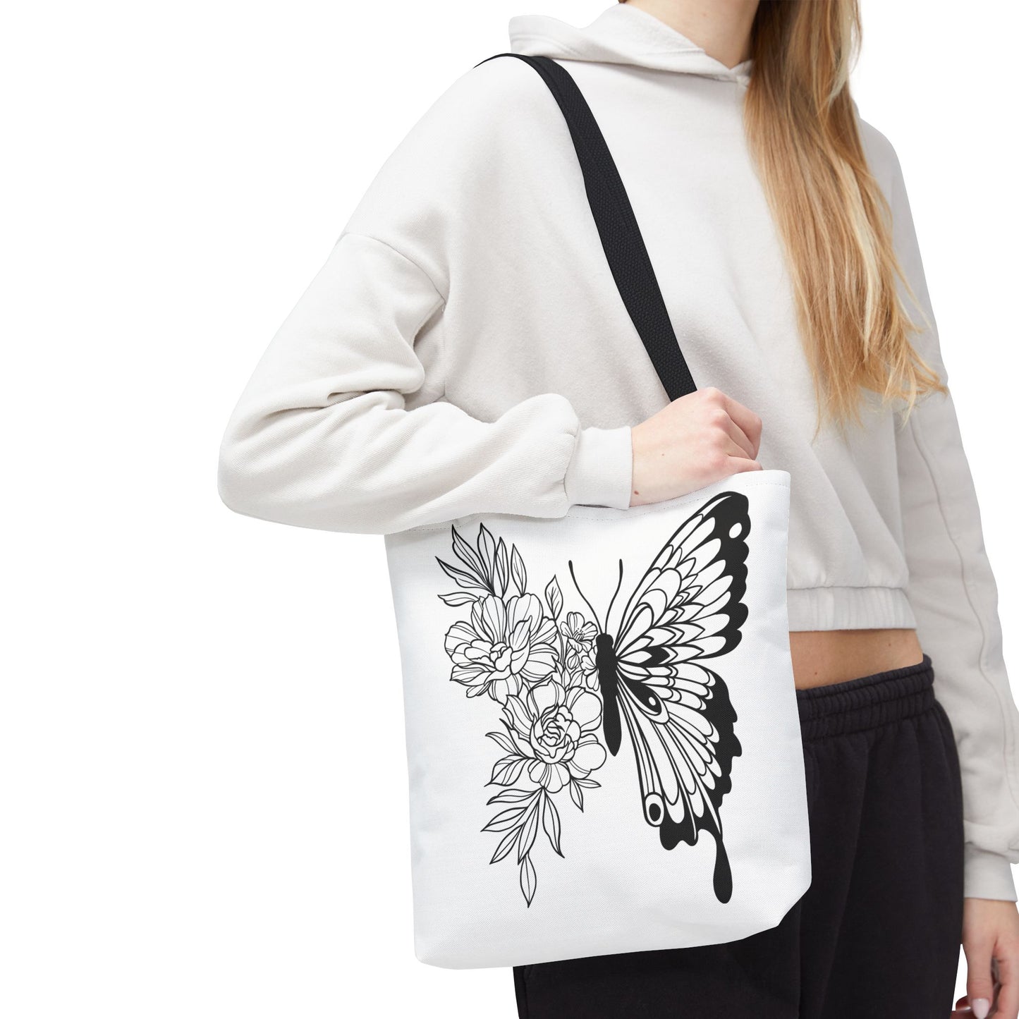 🦋 Black & White Butterfly Floral Tote Bag – Elegant Simplicity in Every Carry 🌸👜