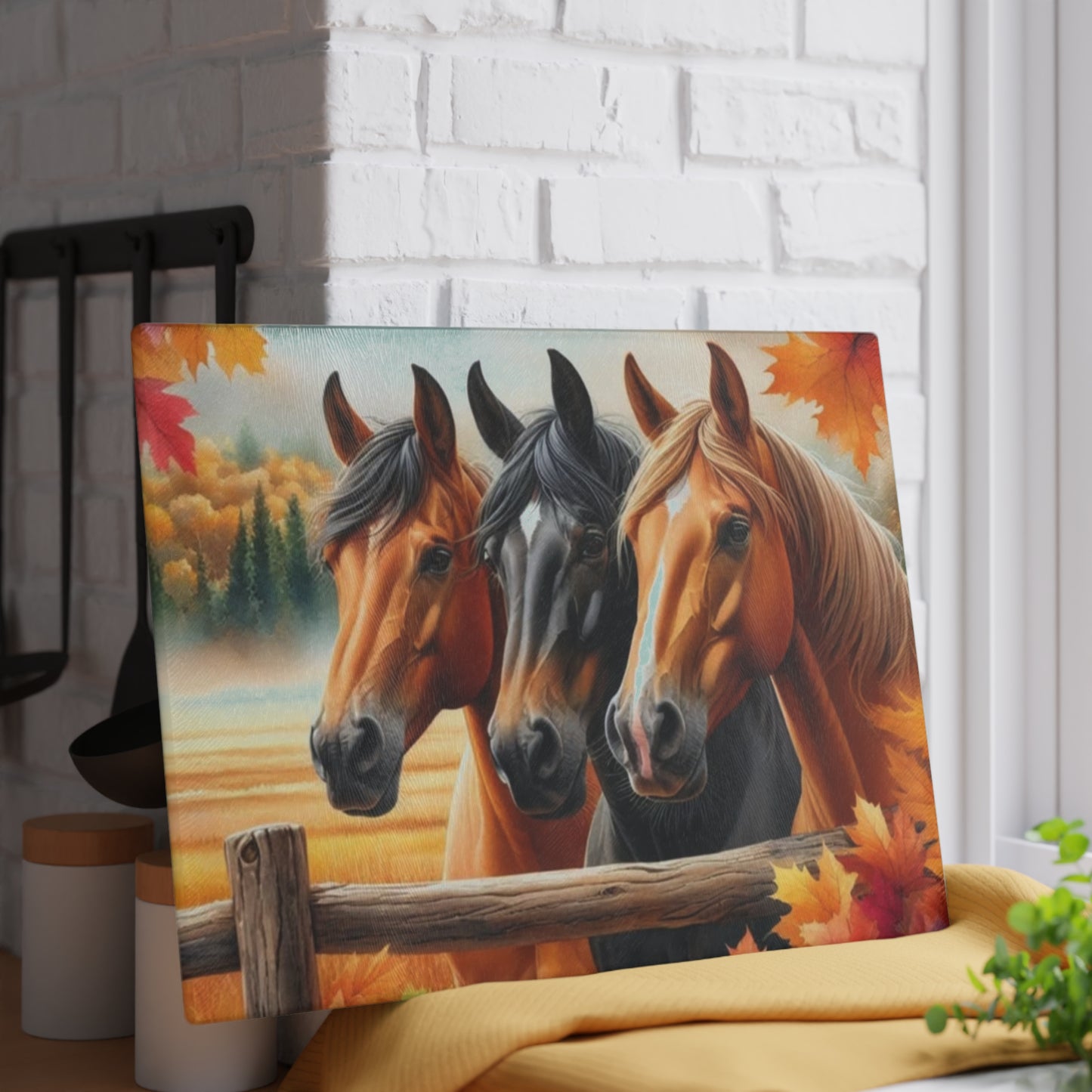 🐴 Autumn Horse Trio Cutting Board – Rustic Farmhouse Beauty 🐴