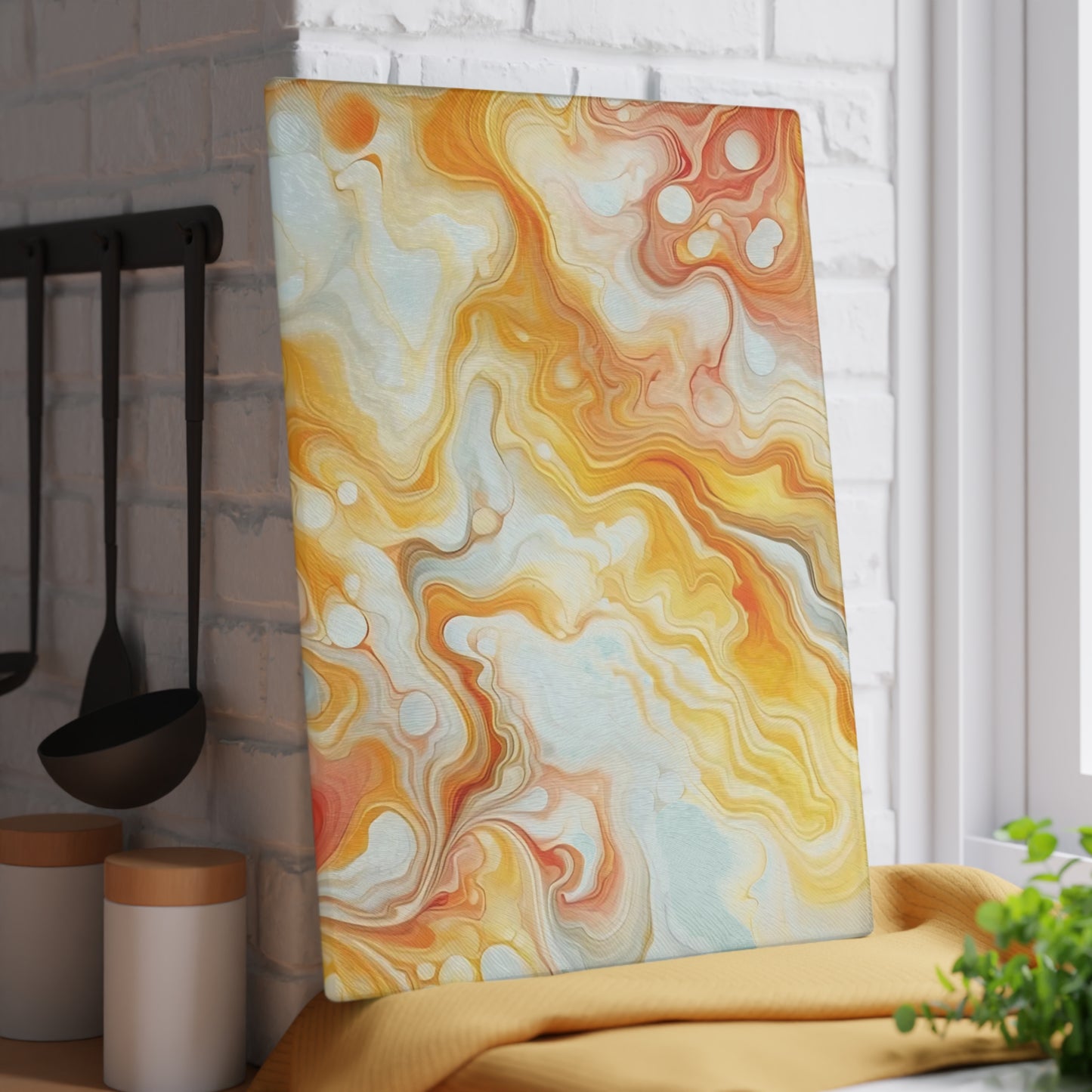 Tabla de cortar de vidrio templado con efecto mármol amarillo, gris y naranja: elegante decoración de cocina con aspecto de mármol, ideal para regalar y funcional.