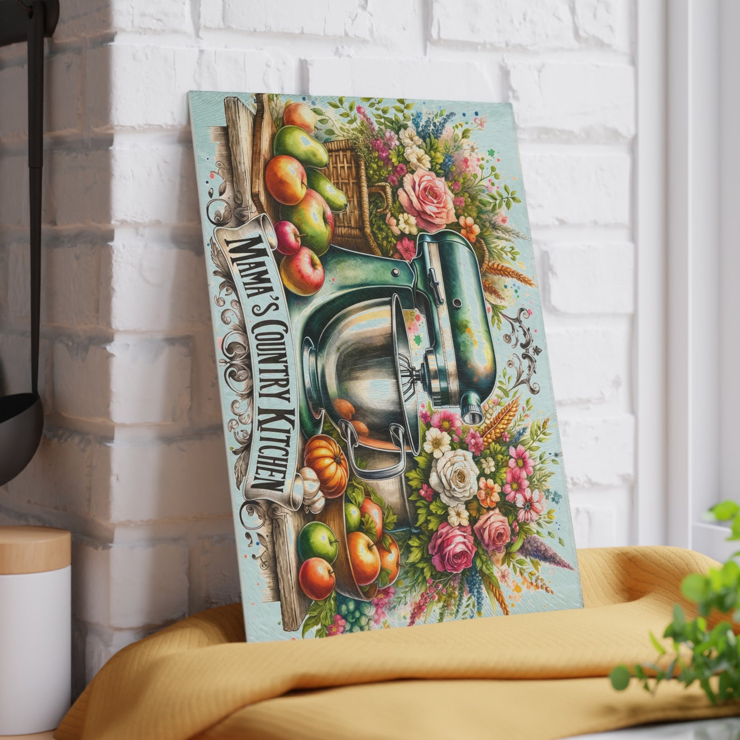 Tabla de cortar de cocina campestre de mamá: dije vintage para batidora con estilo floral campestre