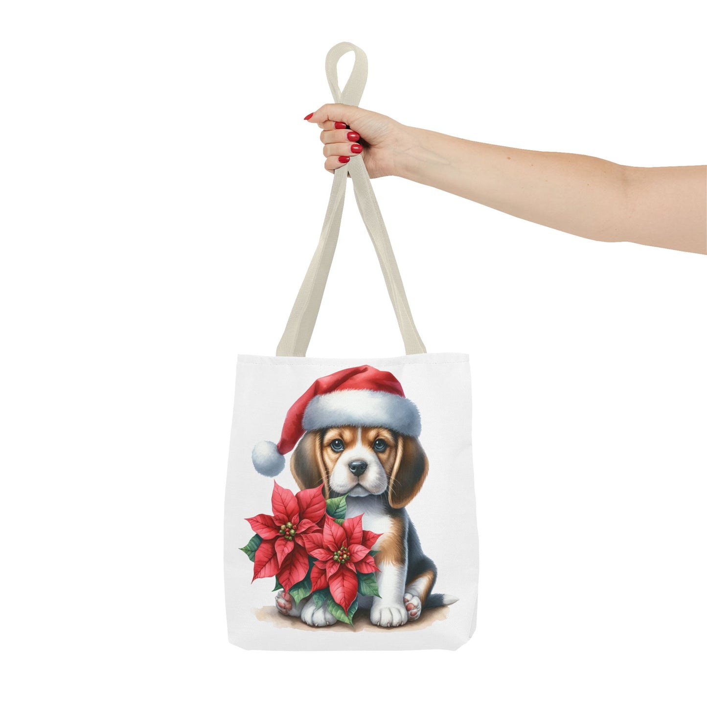 🐶 Beagle Puppy & Poinsettia Christmas Tote Bag – Sweet Holiday Charm in Every Step 🎄