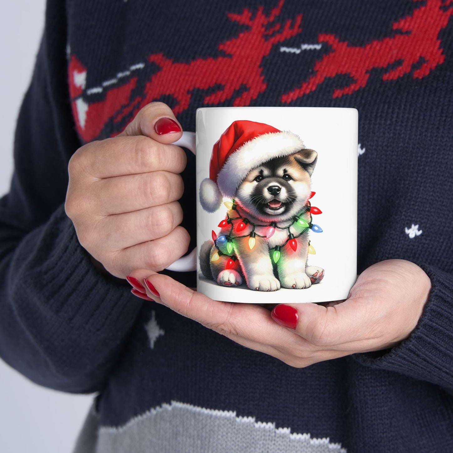 🎅 Akita Christmas Mug – Festive Puppy with Santa Hat & Holiday Lights 🎄