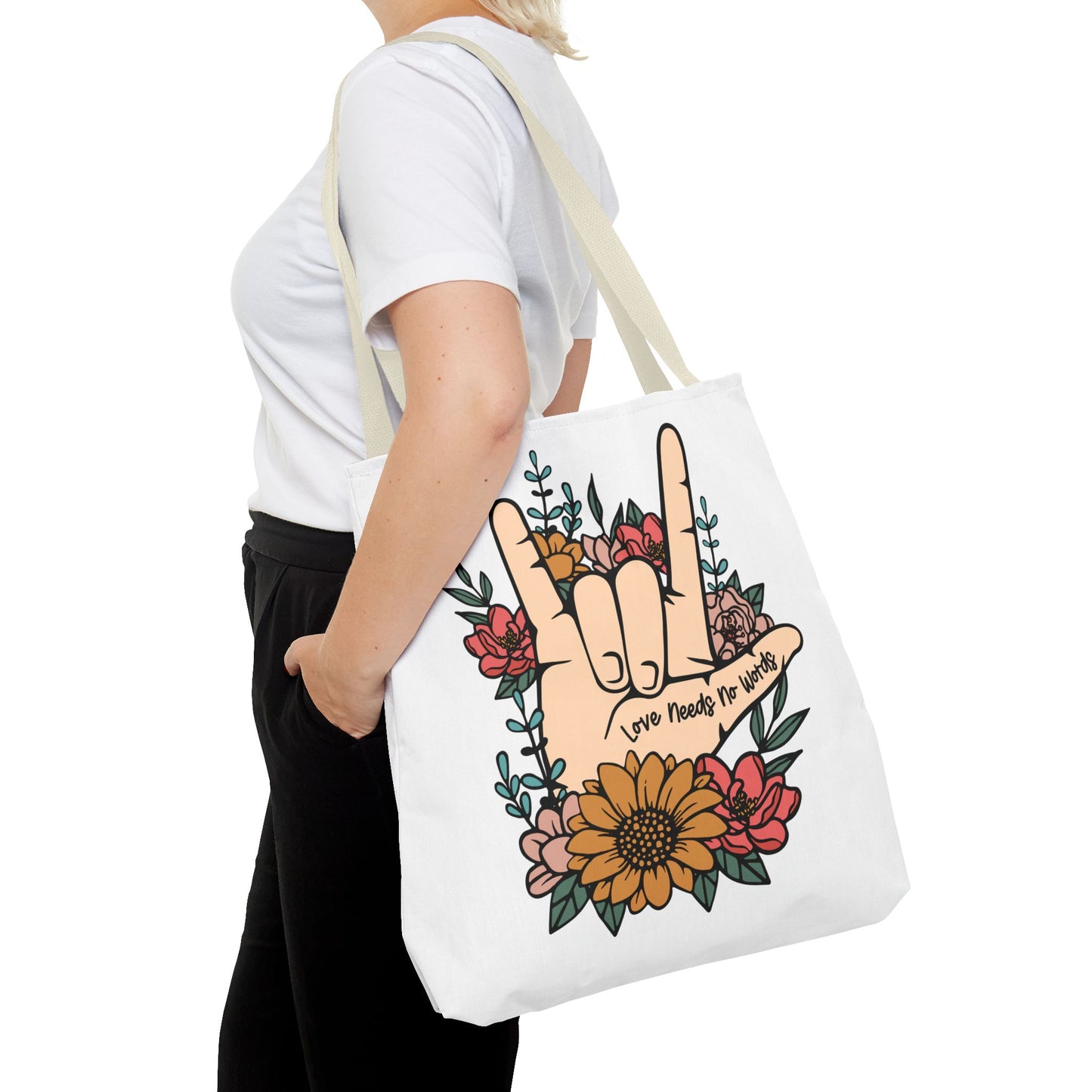 Bolsa de tela con gesto de "Te amo" en ASL (siglas en inglés)