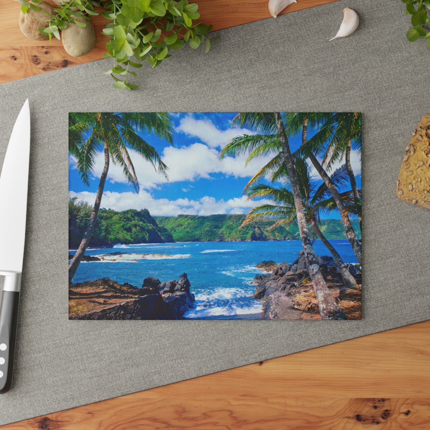 Beach & Palm Trees Glass Cutting Board – Coastal Kitchen Decor