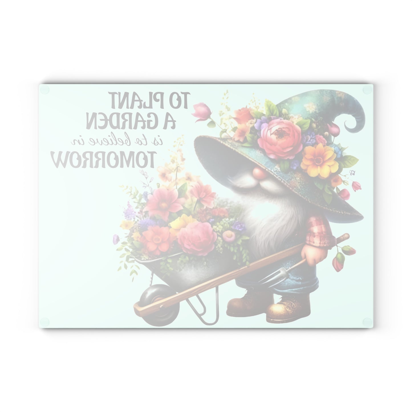 🌸🧙♂️ Garden Gnome Floral Cutting Board – Whimsical Kitchen Décor with Inspirational Quote 🌿✨