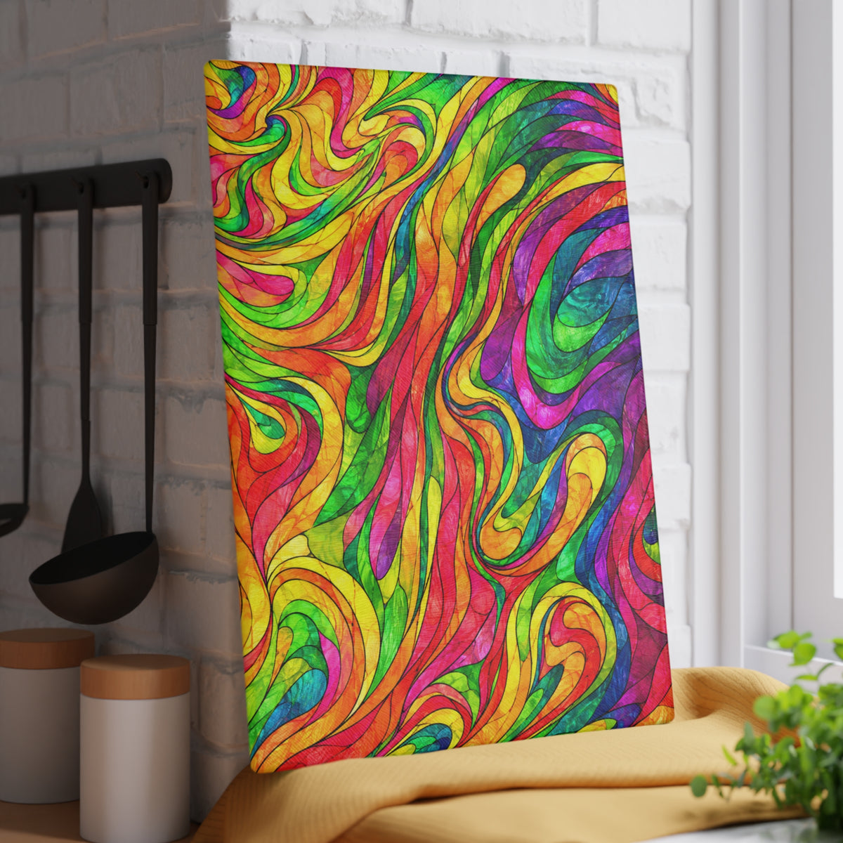Colorful Psychedelic Swirl Glass Cutting Board – Bright Rainbow Abstract Kitchen Decor
