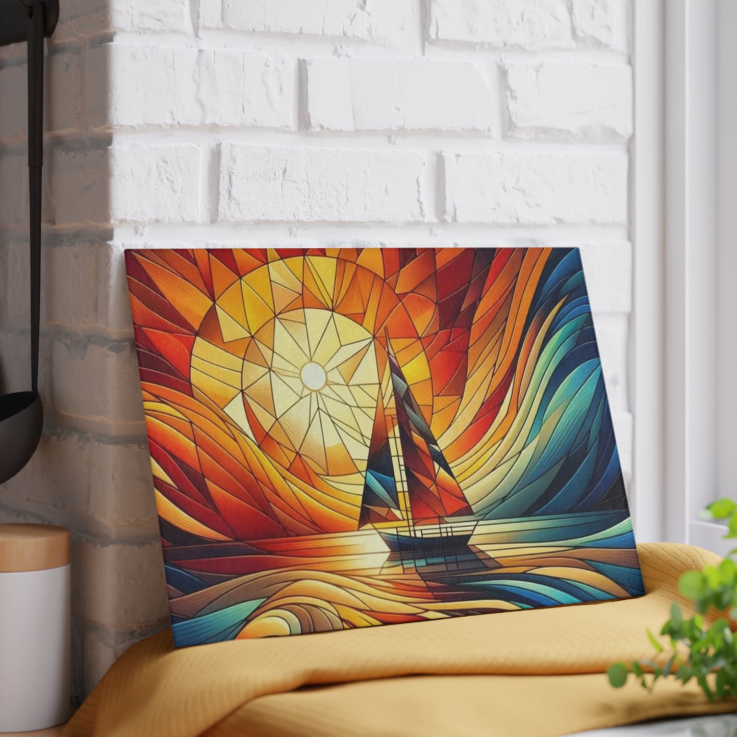 Tabla de cortar con diseño de velero al atardecer con aspecto de vitral: arte costero colorido para la cocina
