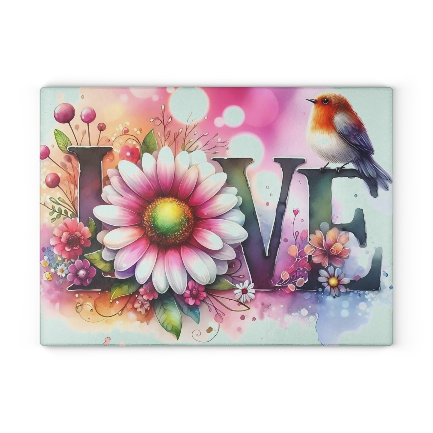 Tabla de cortar, diseño de amor con pájaros y girasoles, decoración de cocina, bandeja de vidrio para servir, regalo de inauguración de la casa, utensilio de cocina