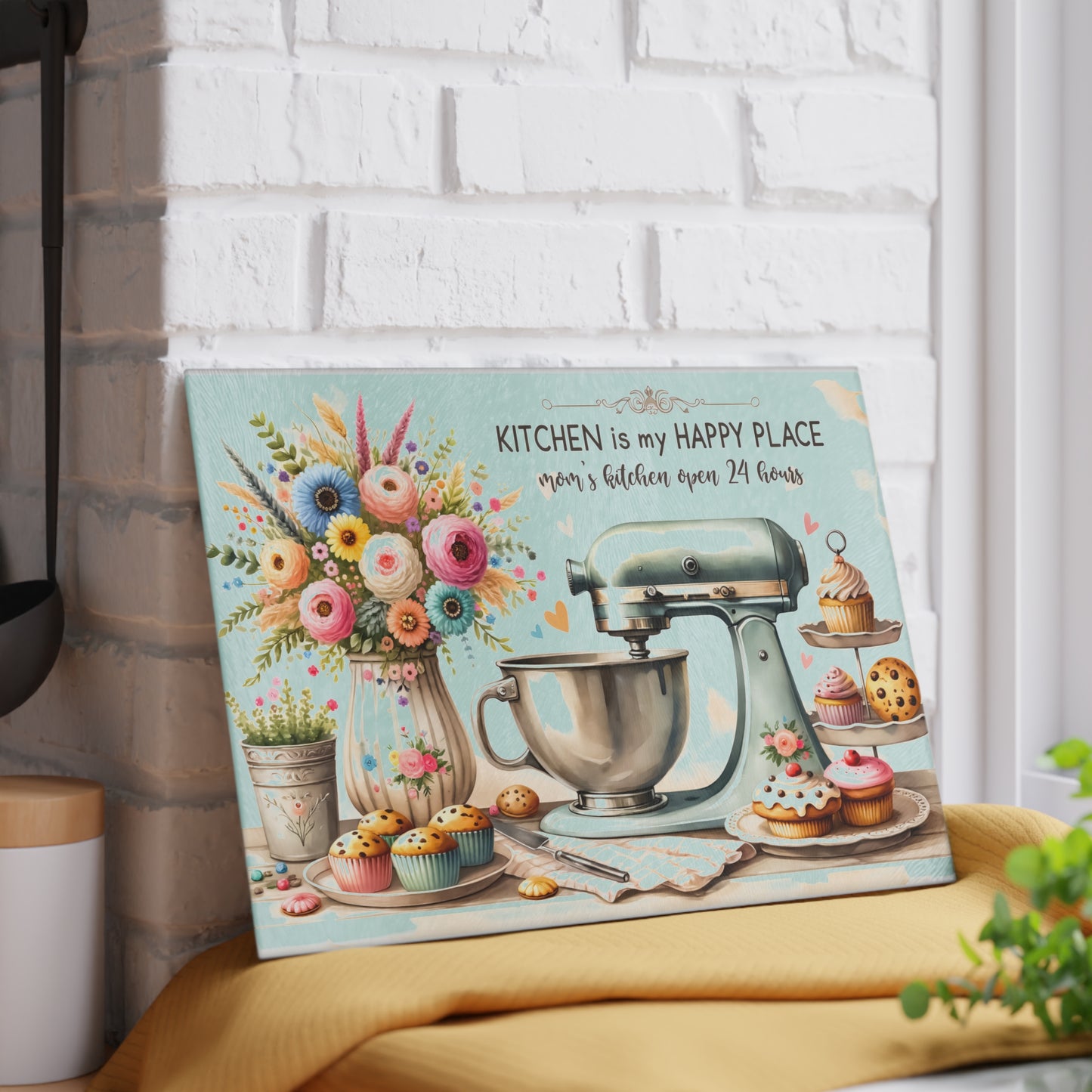 🧁 Kitchen Is My Happy Place Cutting Board – Whimsical Retro Charm for the Sweet-Hearted Baker