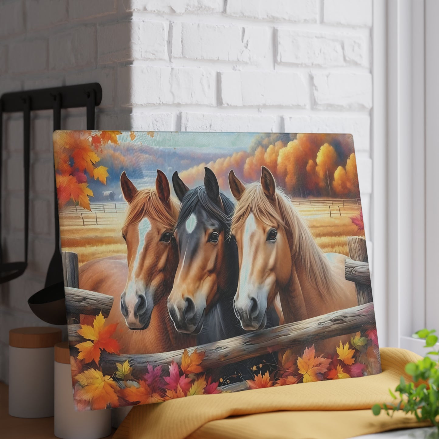 🐎🍂 Autumn Horses Glass Cutting Board – Rustic Country Charm for Your Kitchen 🍂🐎