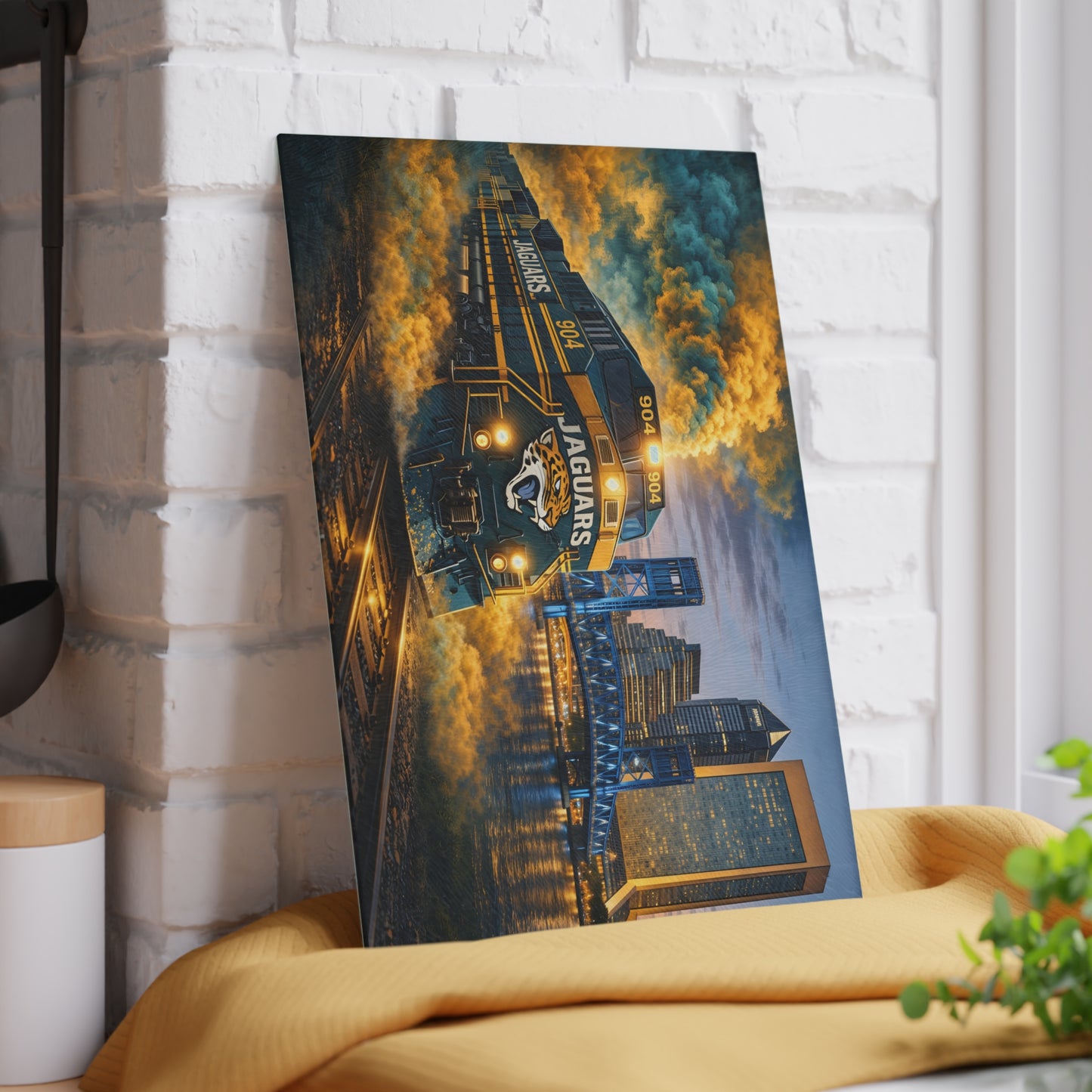 Teal & Gold Power Express Glass Cutting Board – Bold Train Art Kitchen Display