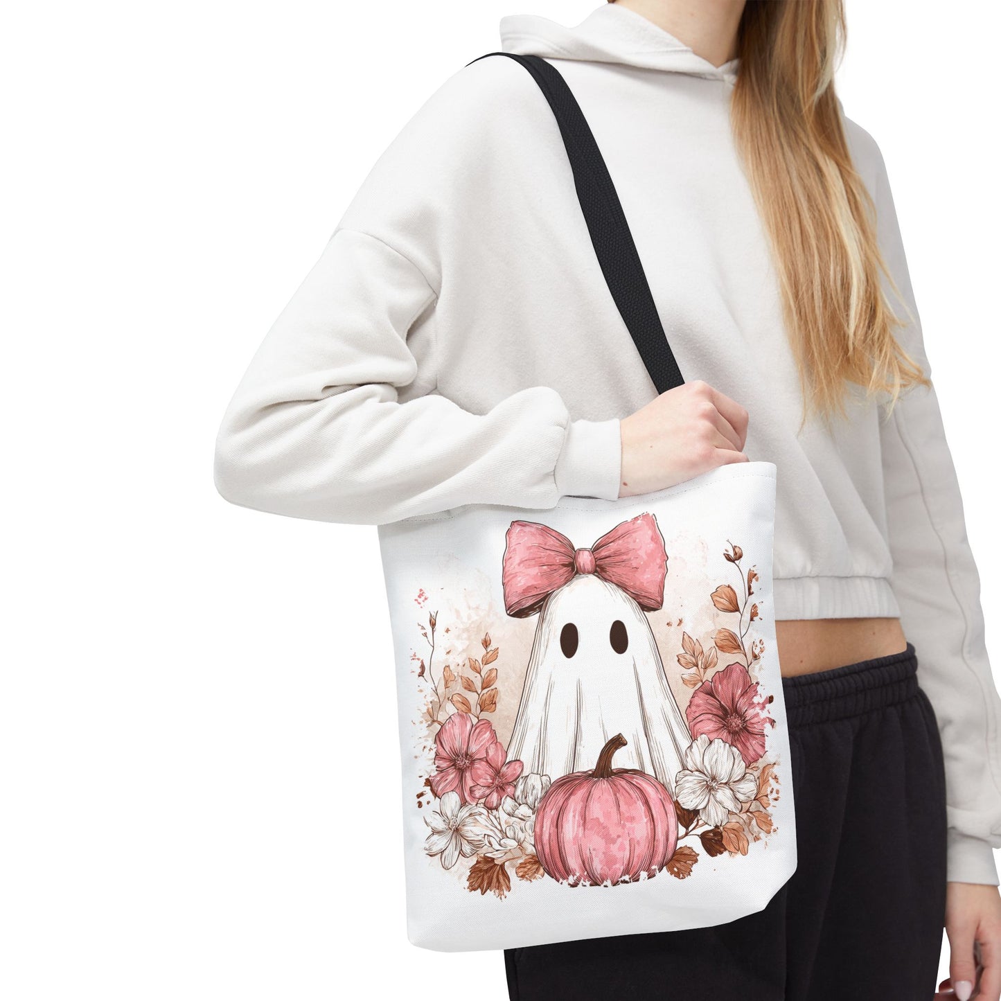 ๐ป Pink Bow Ghost Floral Halloween Tote Bag โ Spooky Cute with Fall Charm ๐๐